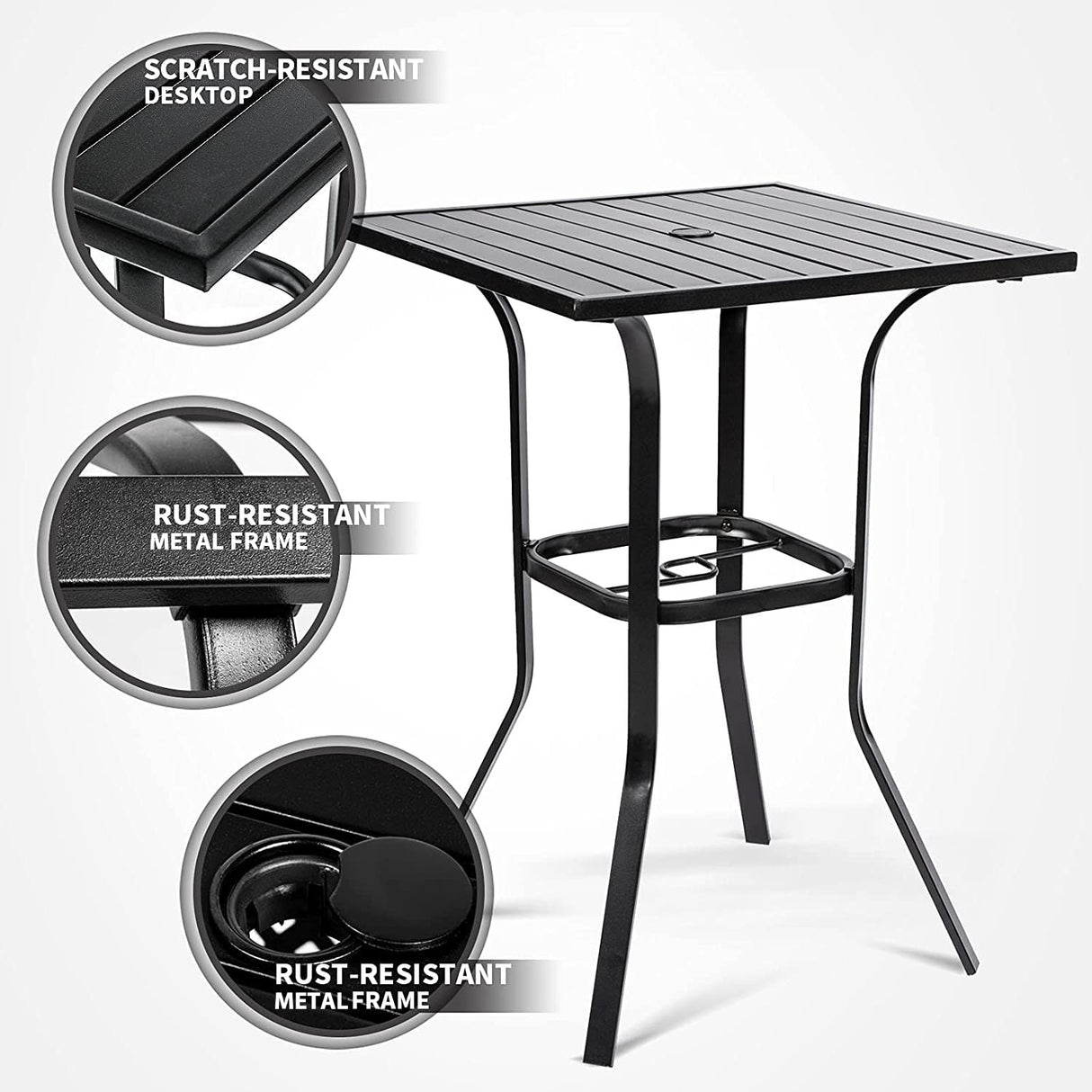 Betterland Patio Bar Table, Outdoor Square Bar Height Table Metal Bar Bistro Table, Metal Frame & Slat Tabletop with 1.57" Umbrella Hole Betterland