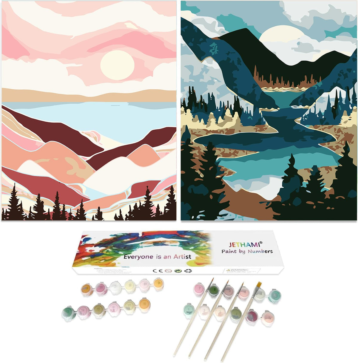 Jethami 2 Pack Paint by Numbers Kit for Adults Beginner, Mountains Lake Sunset Landscape DIY Canvas Art Kit with Brushes & Acrylic Paints for Home Decor 16x20 in Jethami