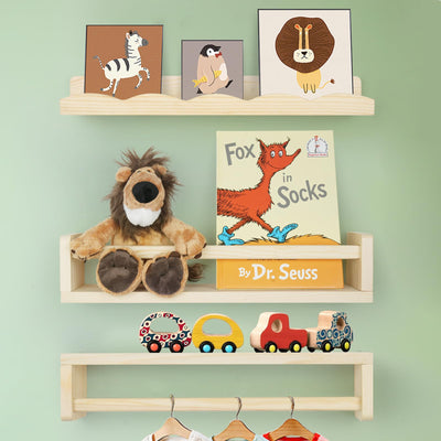 storenization Floating Book Shelves for Wall, 16.5" Natural Wood Nursery Shelves for Book Storage, Solid Pine Wooden Floating Wall Bookshelf for Bedroom Living Room, Set of 2+1, Unfurnished - DIY