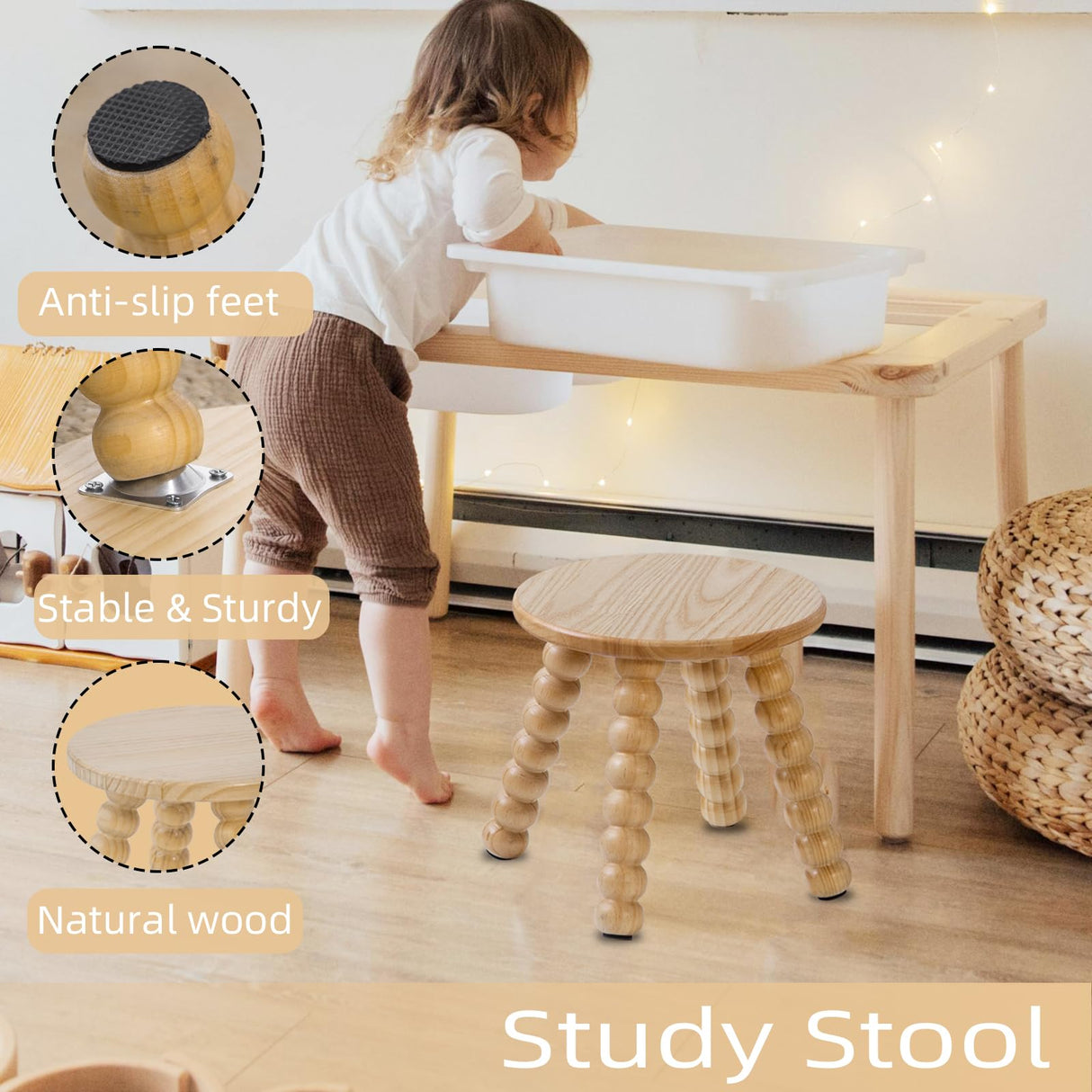 HuiDao Solid Wooden Step Stool for Kids Adults, 10 inch Short Chair Perfect Matched Sensory Table, Sturdy and Versatile Foot Stool for Bathroom, Kitchen, Bedroom, Plant Stand Natural (1, Burlywood) HuiDao