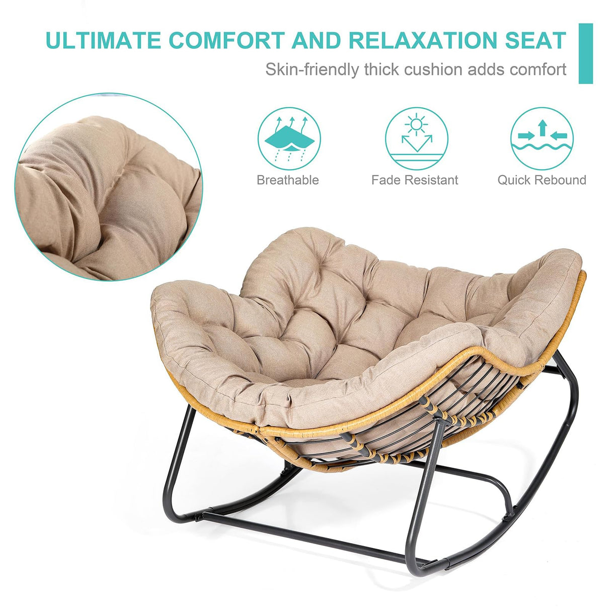 SWITTE Outdoor Rocking Chair, Patio Egg Rocking Chair, Indoor Papasan Chair, Rattan Wicker Lounge Chair, Modern Royal Chair for Bedroom, Living Room, Porch, Garden, Lawn-Beige SWITTE