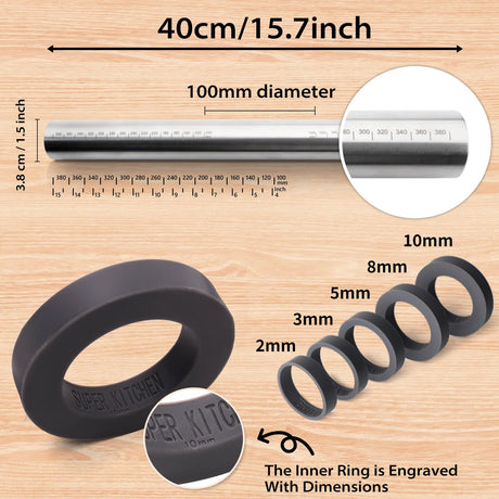 Adjustable Rolling Pin with Thickness Rings for Baking -Non Stick Stainless Steel Dough Roller Pin with Bands for Cookie,Wood,Wooden and Bread (Grey, 15.8 '') Folksy Super Kitchen
