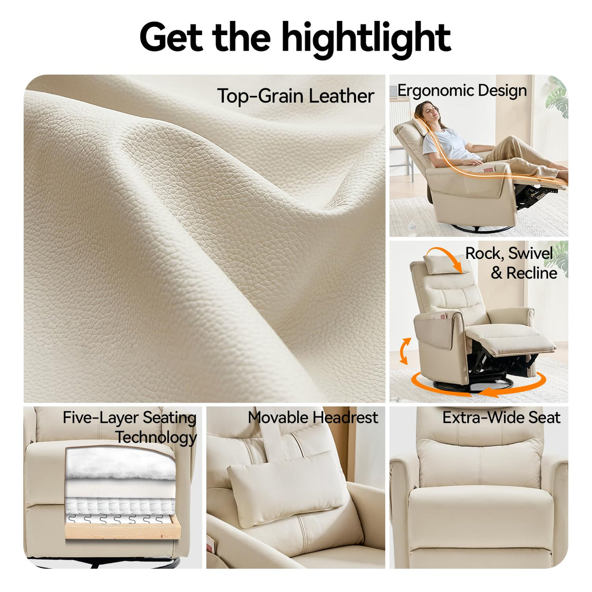 AIRSKY Leather Recliner Chair, Top Grain Leather, Italian Water-Washing Process, Movable Headrest,Swivel Rocker Recliner, Nursery Rocking Chairs,Wall Hugger Recliners, Living Room Chair, Beige, R3 AIRSKY