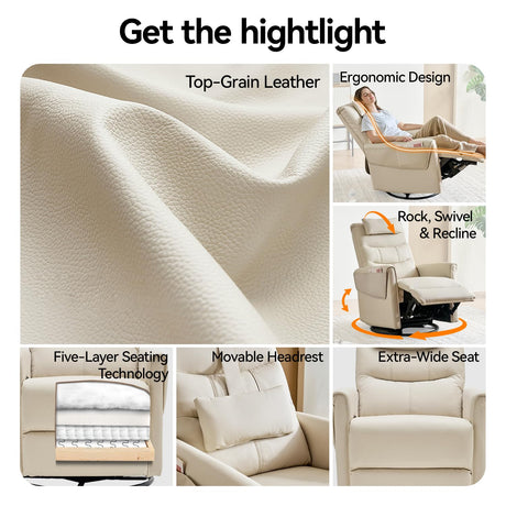 AIRSKY Leather Recliner Chair, Top Grain Leather, Italian Water-Washing Process, Movable Headrest,Swivel Rocker Recliner, Nursery Rocking Chairs,Wall Hugger Recliners, Living Room Chair, Beige, R3 AIRSKY
