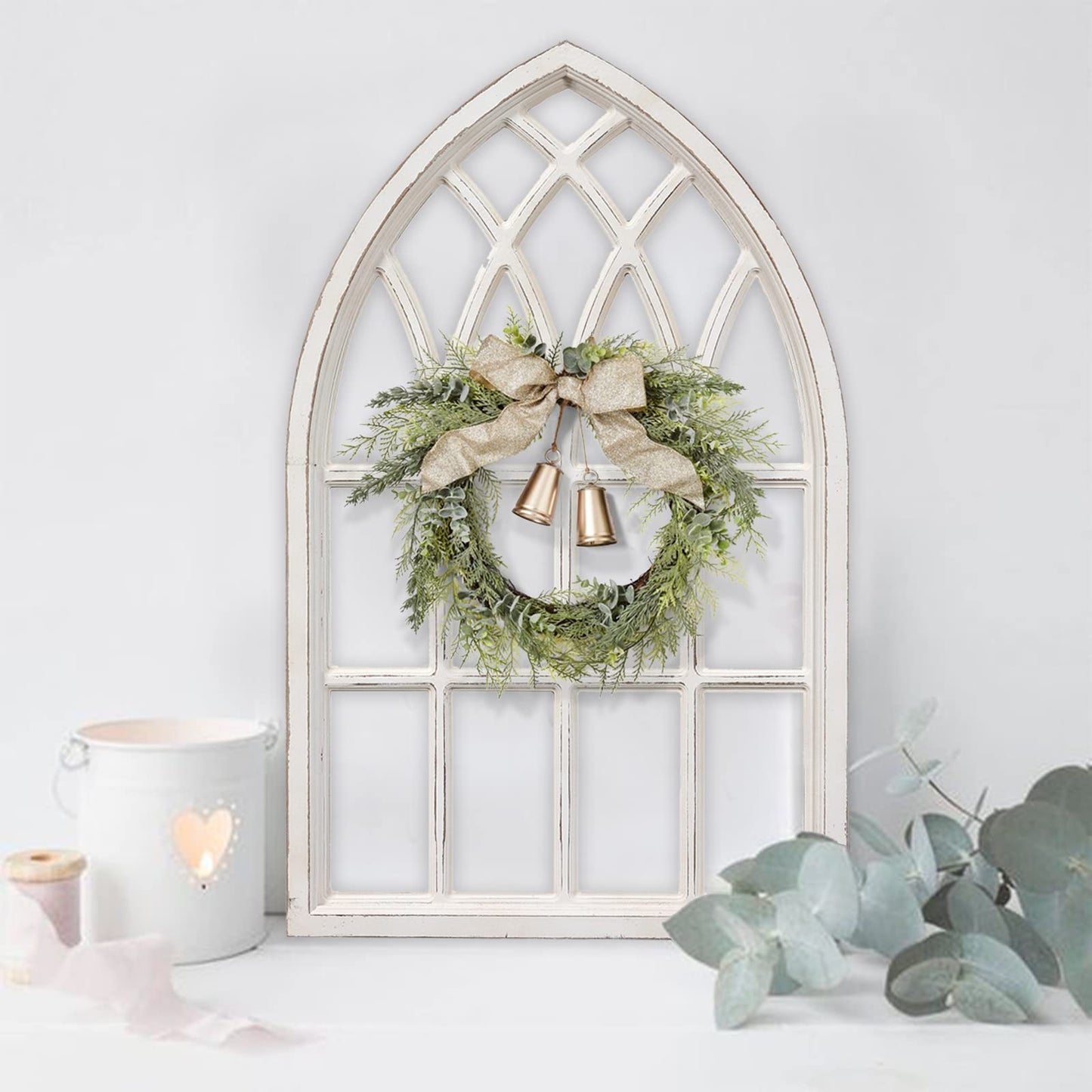 Sintosin Rustic Arched Window Frame 20 x 32 inch, Hanging Distressed White Window Pane Wall Decor, Farmhouse Window Frame Decor, Wooden Cathedral Window Frames for Wall Decor Living Room Christmas