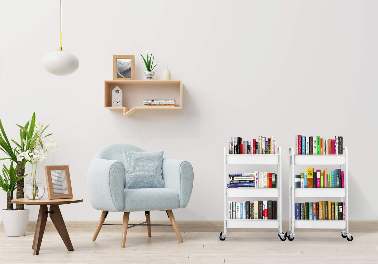 CAXXA 3-Tier Rolling Metal Storage Organizer - Mobile Utility Cart Kitchen Cart with Caster Wheels, White CAXXA