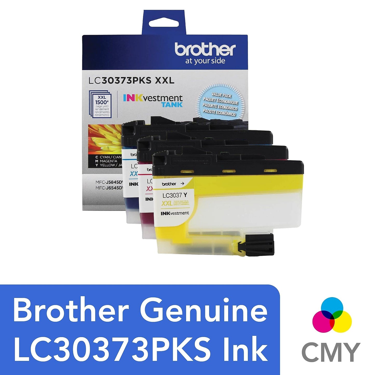 Brother Genuine LC30373PKS, 3-Pack Super High-Yield Color INKvestment Tank Ink Cartridges, Includes 1 Cartridge Each of Cyan, Magenta and Yellow Ink, Page Yield Up to 1,500 Pages/Cartridge, LC3037