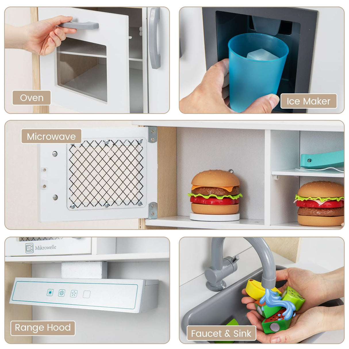 HONEY JOY Kids Kitchen Playset, Wooden Play Kitchen for Toddlers, Microwave, Range Hood, Ice Maker, 18 Cooking Accessories, Little Chef Pretend Play Toy Kitchen Set, Gift for Boys Girls, Natural HONEY JOY