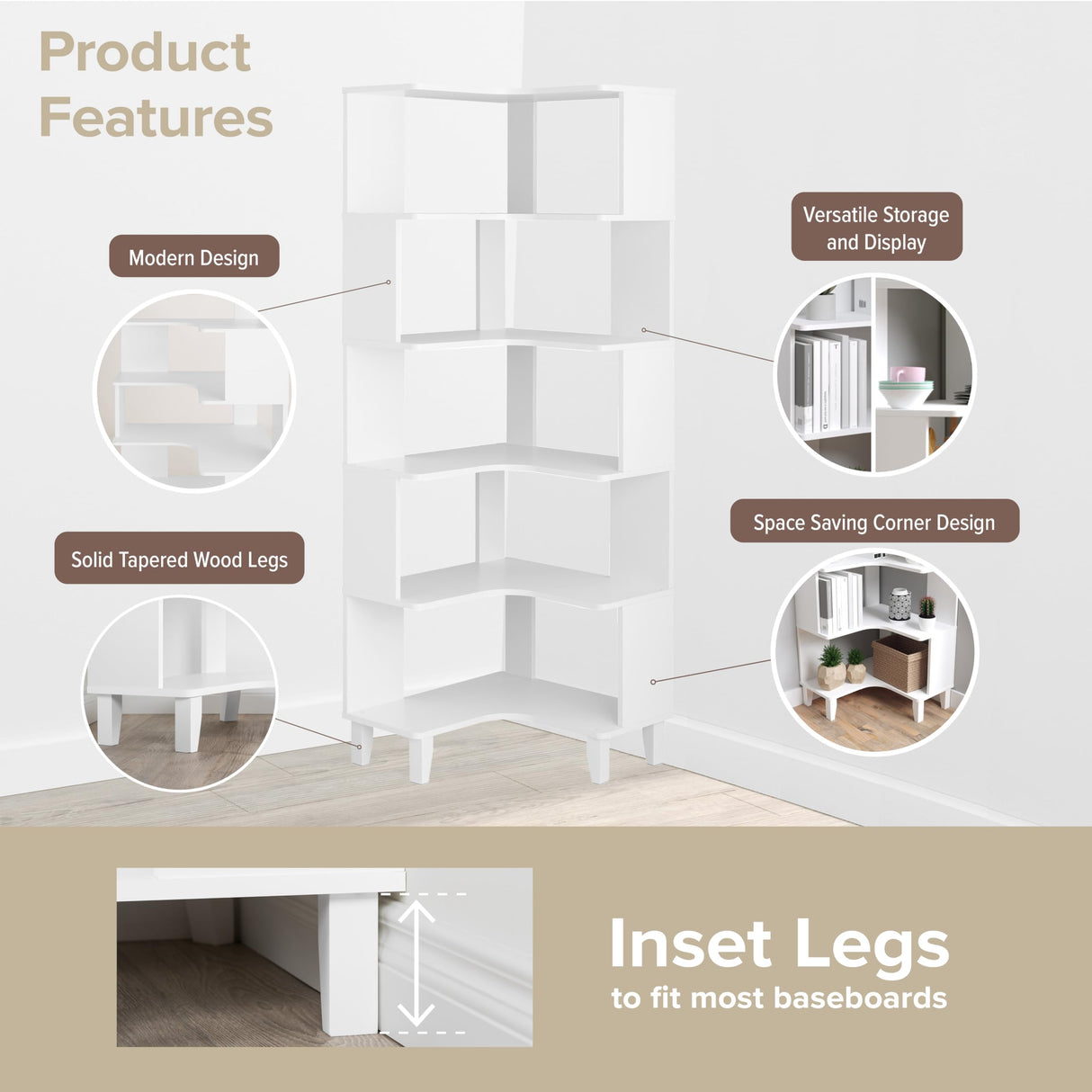 Prepac Nordik 6-Tier White Modern Mid Century Corner Bookcase, 71.5" Extra Tall White Corner Shelf with Storage, Multifunctional Freestanding Bookshelf for Home Office, Living Room, Bedroom Prepac
