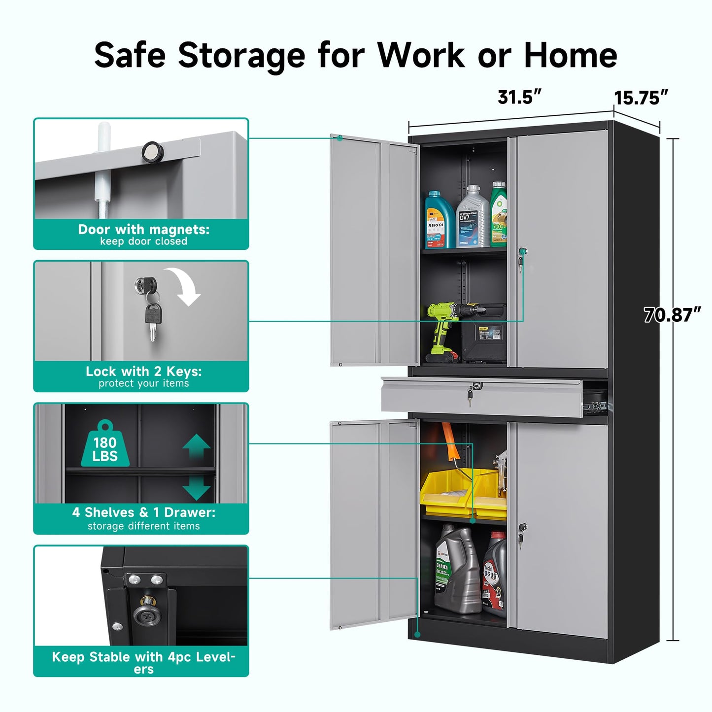 Metal Garage Storage Cabinet with Doors and Shelves,Metal Storage Cabinet with Lock and Drawer,Metal Cabinet with Locking Doors,4 Door Steel Cabinet,71" Lockable Storage Cabinet for Garage,Ho - WoodArtSupply