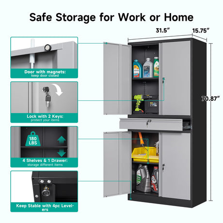 Metal Garage Storage Cabinet with Doors and Shelves,Metal Storage Cabinet with Lock and Drawer,Metal Cabinet with Locking Doors,4 Door Steel Cabinet,71" Lockable Storage Cabinet for Garage,Home,Office SISESOL