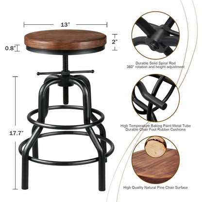 SXXjiaju Industrial Bar Stool- Vintage Bar Stools Round Wood Metal Stool Counter,Rustic Bar Stools with Round Solid Wood Metal Stool Adjustable Farmhouse Kitchen/Dining/Cafe Chair(Set of 2) - WoodArtSupply