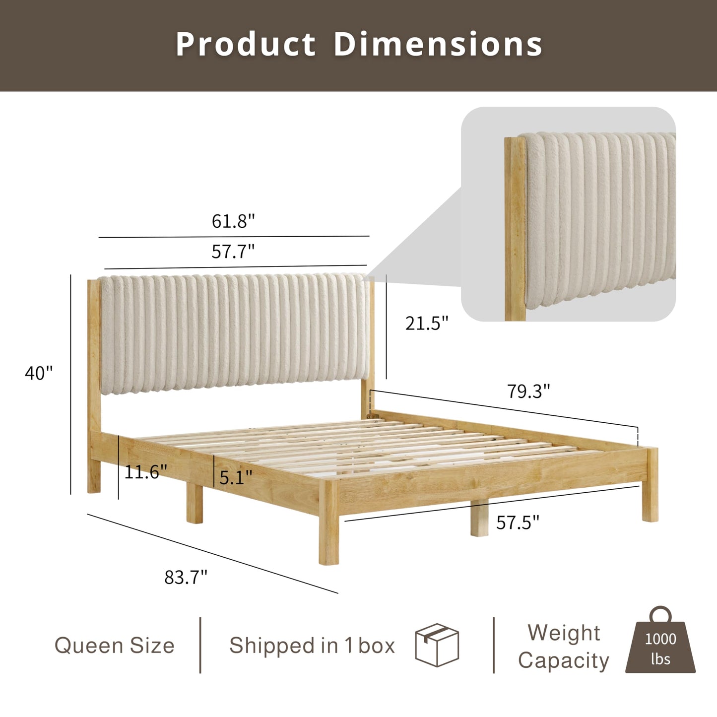 Evadne Modern Corduroy Queen Bed Frame with Tufted Headboard and Solid Wood Slats by HOMES: Inside + Out - WoodArtSupply