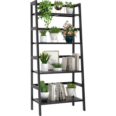 Homykic Bamboo Bookshelf 4-Tier Ladder Shelf, 49.2” Freestanding Open Bookcase Book Shelf Bathroom Storage Shelf Unit Plant Stand for Small Space, Living Room, Bedroom, Home Office, Black Homykic