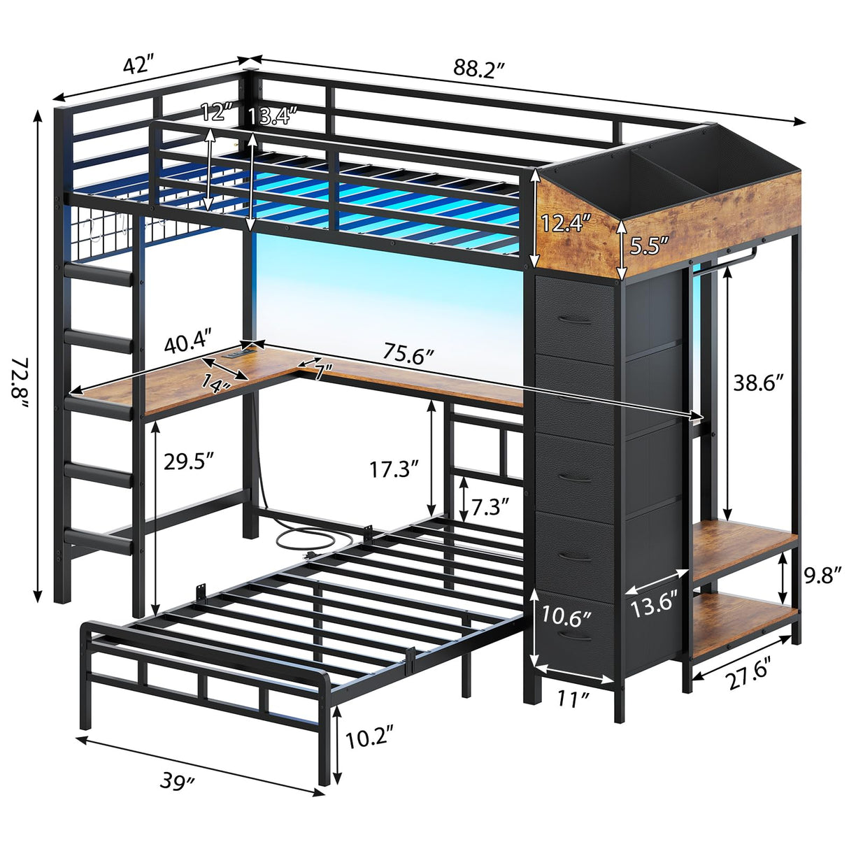 VIAGDO Bunk Bed Twin Over Twin with Hall Tree, Charging Station and LED Lights, L-Shaped Bunk Bed with Desk, 5 Storage Drawers, Twin Bunk Beds with Guardrail & Stairs, No Box Spring Needed, Black VIAGDO