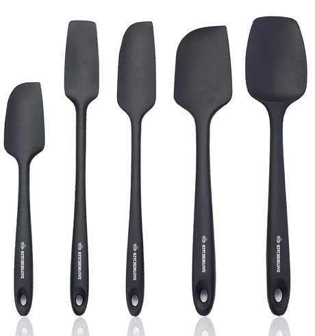 KITCHENLOVE Premium 600°F Heat Resistant 5 Piece Silicone Spatula Set for Baking, Cooking, Mixing - Non-Stick with High Grade S-Iron Steel Core - One Piece Seamless Design - BPA Free (Black) KITCHENLOVE