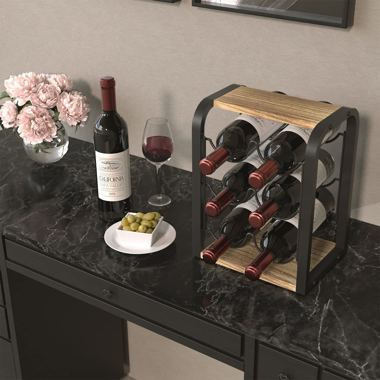 J JACKCUBE DESIGN Rustic Wood 6 Bottles Wine Rack for Countertop, 3 Tier Free Standing Wine Bottle Holder Stand Storage Organizer for Home Decor Bar, Cellar, Pantry, Cabinet- MK652A J JACKCUBE DESIGN