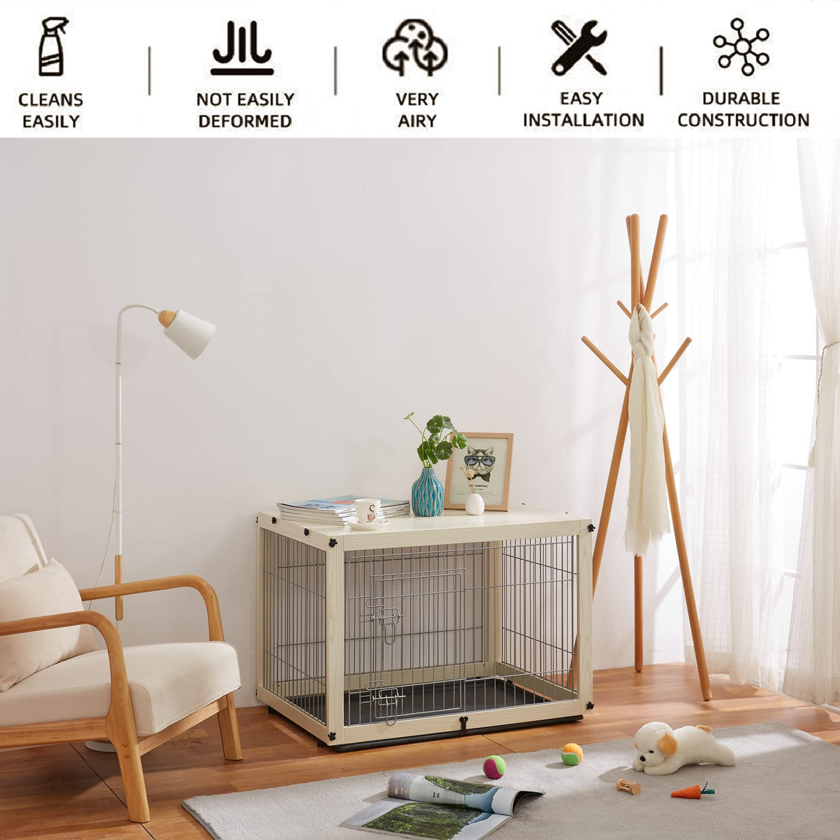 Dog Crate Furniture with Removable Top Cover, Wooden Crate with Tray, Dog Kennel Indoor for Medium/Large Dogs(White, 37.4" L*25.9W*25.8H) Furnipeture