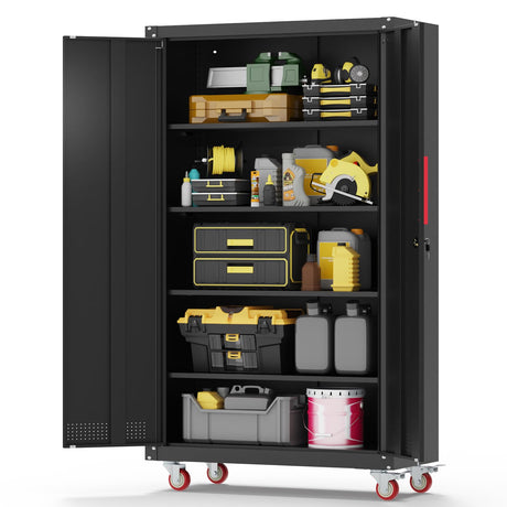 Eltean Metal Garage Cabinets with Wheels| 71" Steel Lockable Garage Storage Cabinet with 4 Adjustable Shelves, Heavy-Duty Tool Storage Cabinet for Home, Basement, Workshop (Black) Eltean