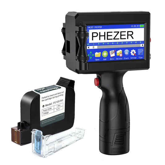 Phezer P15 Handheld Inkjet Printer for Flat Surface 0.5 Inch Nozzle for QRCode Barcode Production Date Time Logo Batch Number Print On Glass Bag Carton Box Wood Cloth Plastic Cable (25 Languages)