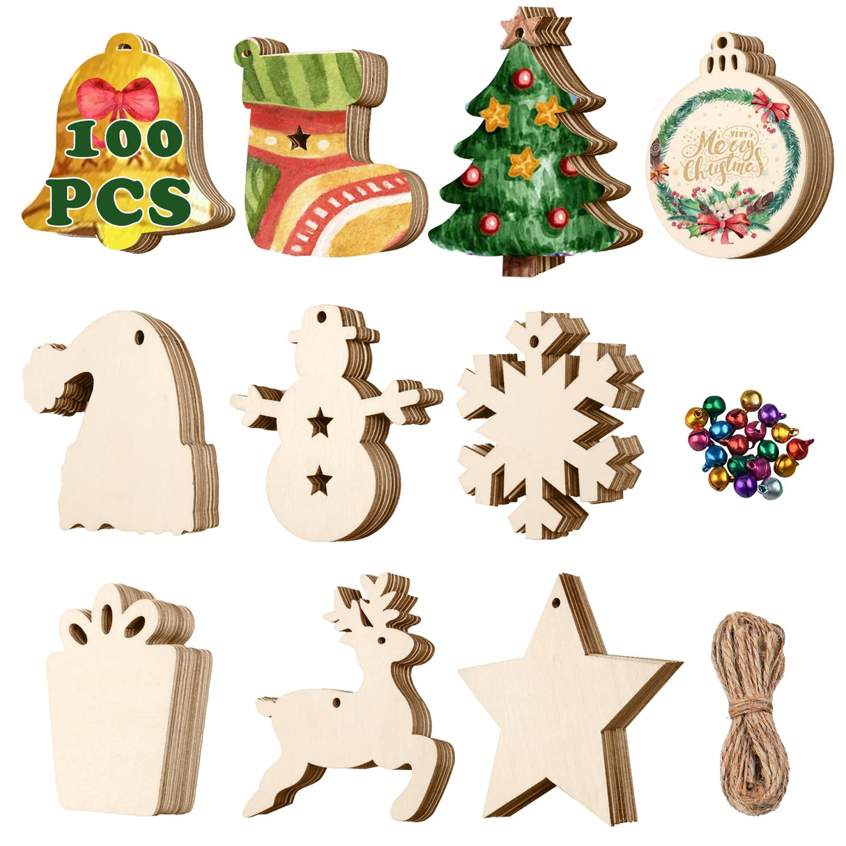 Covacure 100PCS DIY Christmas Crafts - Wooden Christmas Ornaments Unfinished Predrilled Wood Circles for Crafts Centerpieces Holiday Hanging Decorations covacure