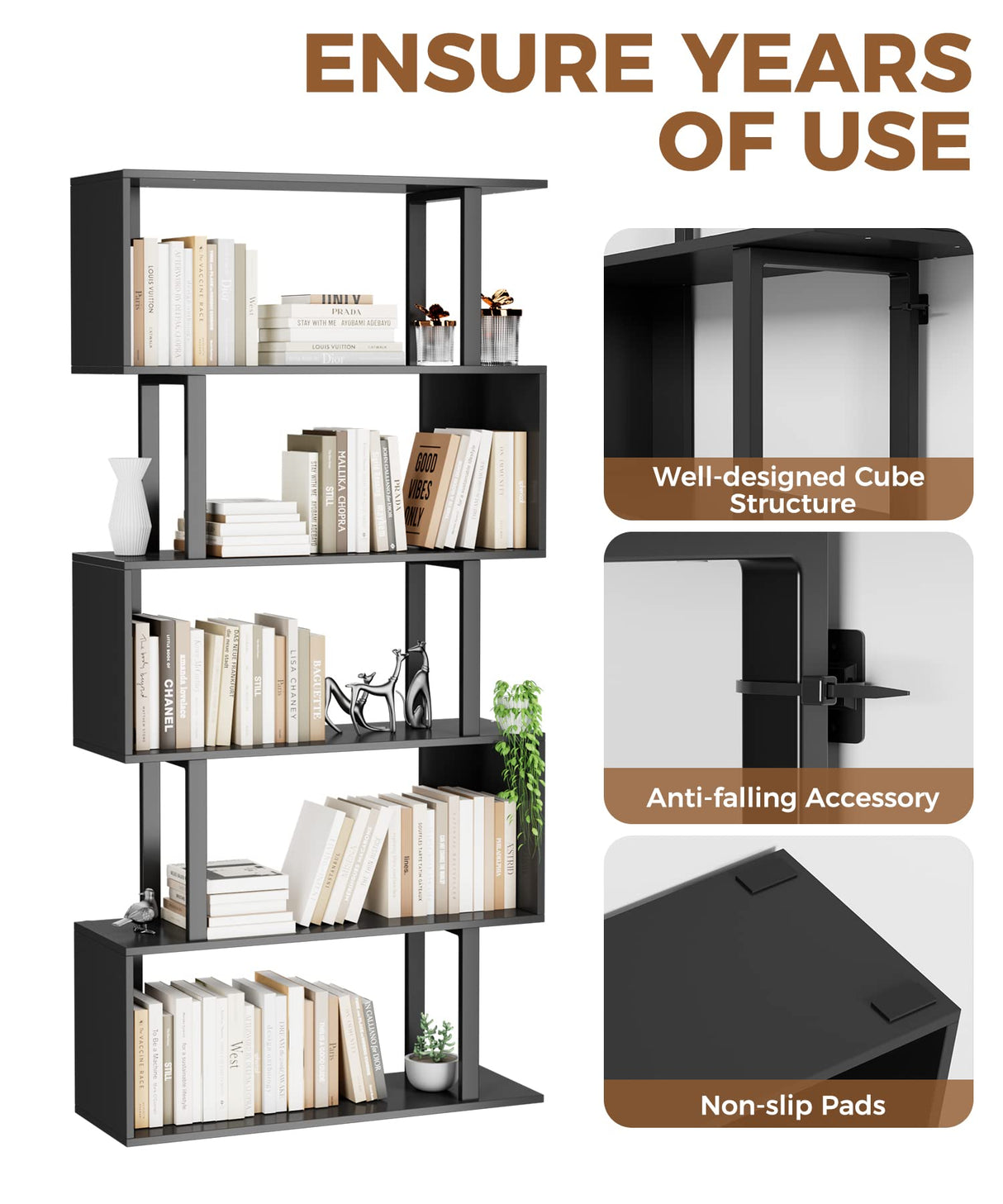Gadroad 5-Tier Geometric Bookcase,S Shaped Bookshelf, Wood Decorative Storage Shelving, Modern Freestanding Display Shelves, Tall Book Shelf Unit for Living Room Bedroom, Black Gadroad