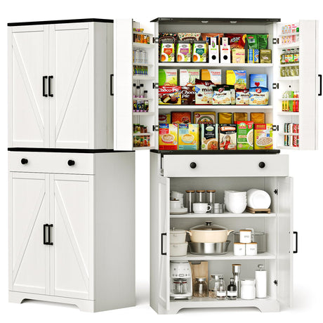 Teekyooly 72" Tall Farmhouse Kitchen Pantry Cabinet, Large Storage Cabinet with 6 Adjustable Shelves, 4 Barn Doors & Drawer for Bathroom, Dining Room, Off White Teekyooly