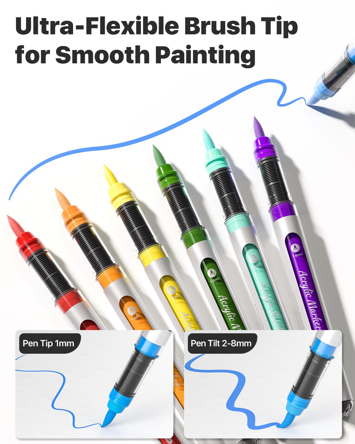 JusArt 30 Colors Acrylic Paint Markers Brush Tip, Water Based Paint Pens with Automatic Ink-Control, Waterproof 1-8mm Flexible Tip Acrylic Markers for Rock Painting, Wood, Fabric, Egg, Art Supplies JusArt