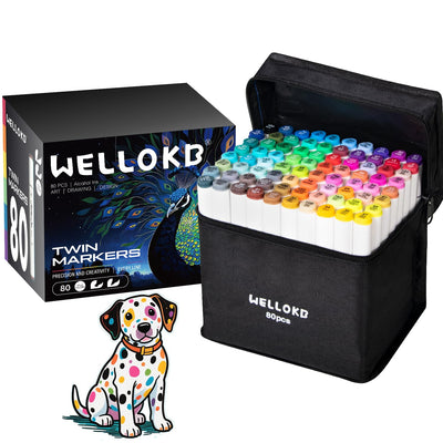 WELLOKB Alcohol Markers Set, 80 Colors Dual Tip Art Markers with Broad and Fine Tips for Adult Coloring Books, Drawing, Illustration, Sketching, No Bleed Ink Supplies