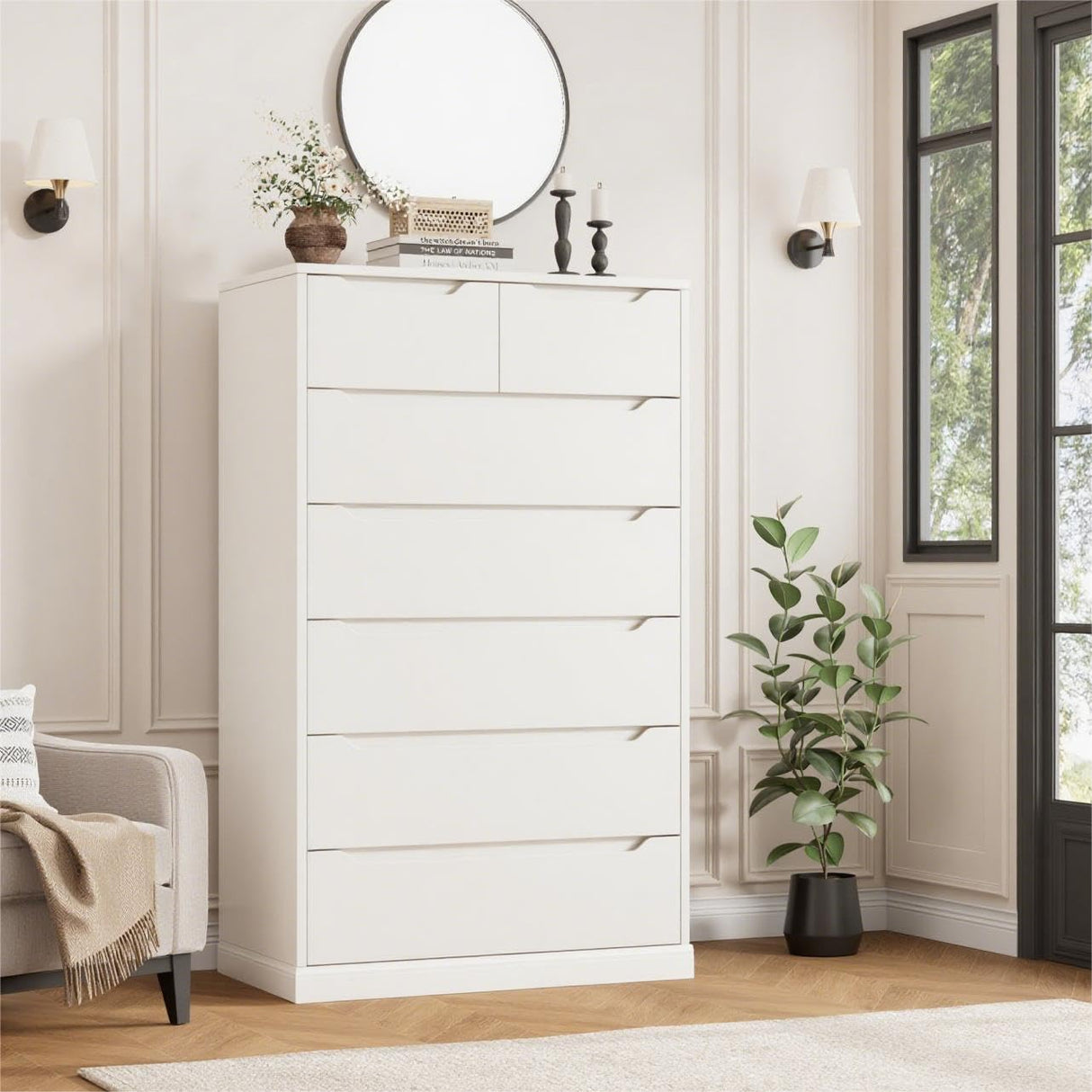 HITHOS 51" Tall 7 Drawers Dresser, Modern White Dresser, Wood Dressers & Chests of Drawers with Cut-Out Handles, Upright Drawer Chest, Accent Vertical Dressers for Living Room, White HITHOS