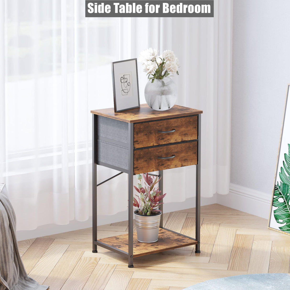 VonDream Nightstands Set of 2, End Table with Fabric Storage Drawer and Open Wood Shelf, Bedside Furniture with Steel Frame, Side Table for Bedroom, VonDream