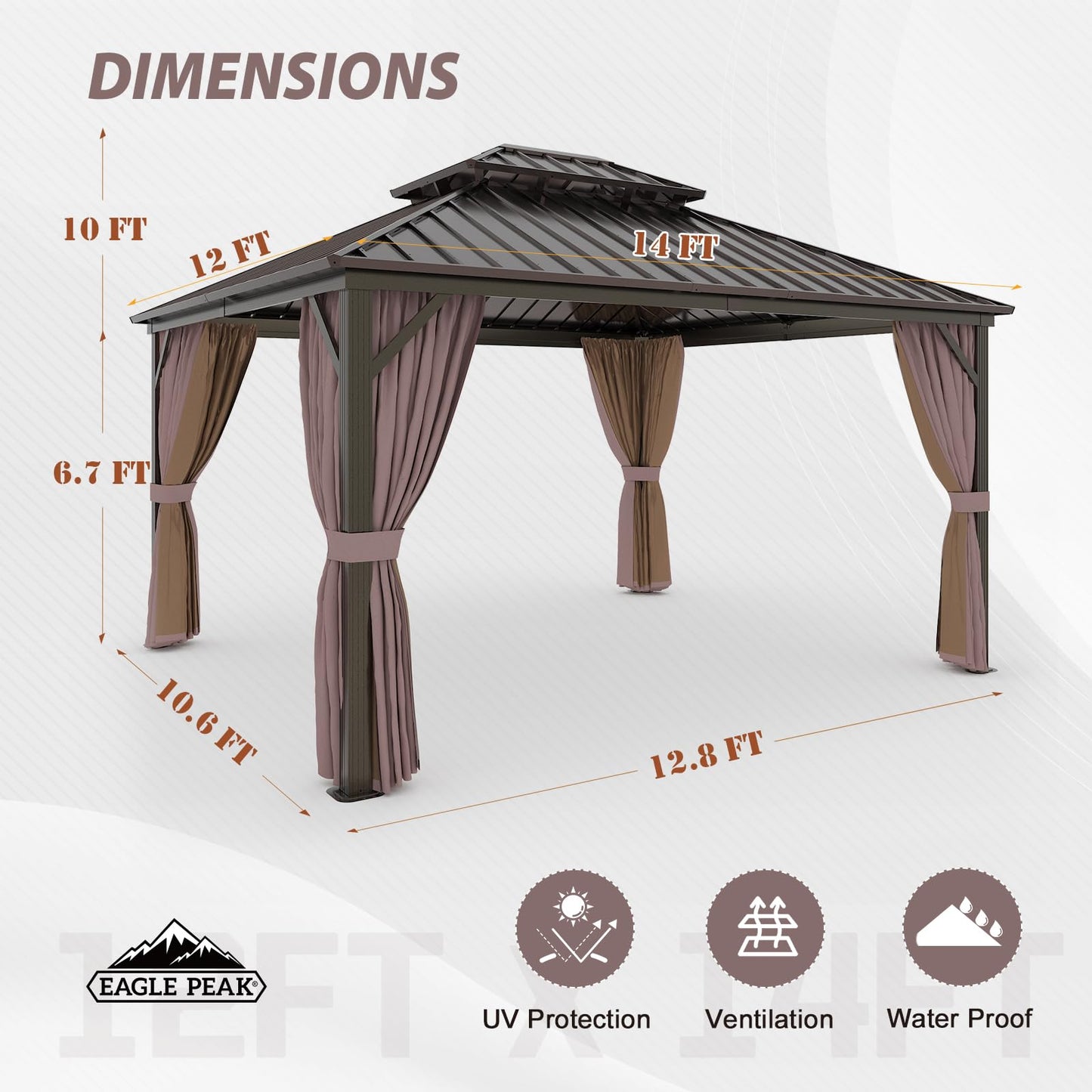 EAGLE PEAK 12x14 Hardtop Aluminum Gazebo, Outdoor Aluminum Frame Pavilion with Netting and Curtains, Galvanized Steel Double Roof, for Patio, Deck, Backyard, Garden, Brown - WoodArtSupply