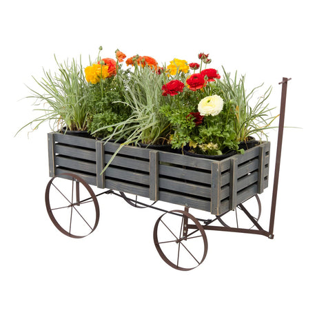 Shine Company Decorative Buckboard Wagon Garden Planter, Wooden Wagon Yard Décor for Outdoor Plants, Gray Shine Company