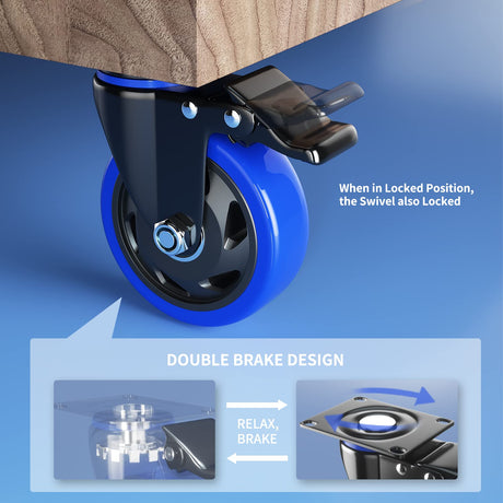 5 Inch Caster Wheels with Safety Dual Locking, Heavy Duty Casters Set of 4, Industrial Swivel Casters 2400Lbs, Polyurethane No Noise Wheels for Cart, Furniture(Bonus of 2 Hardware Kits) WOZESEIK