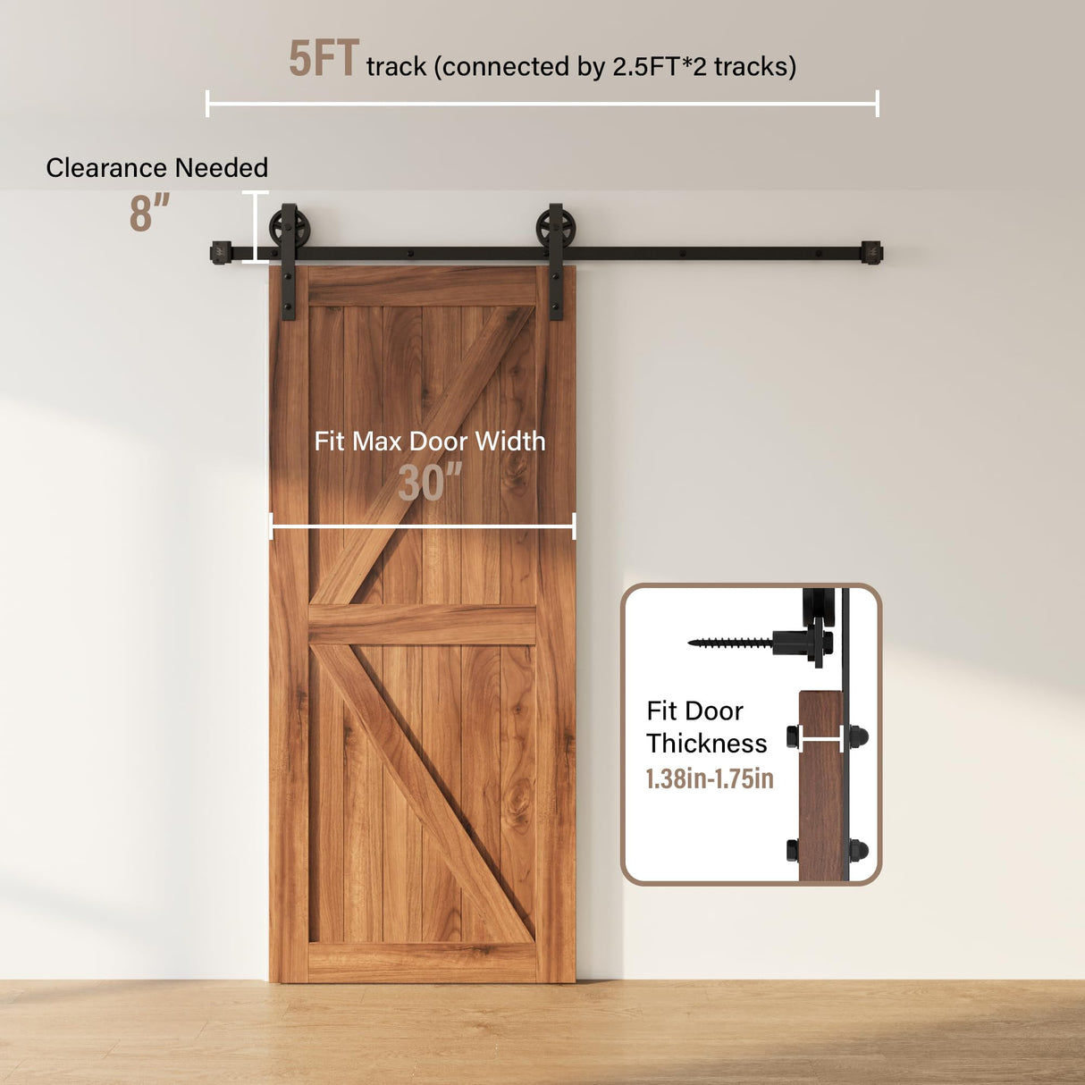 WINSOON 5-16FT Single Wood Sliding Barn Door Hardware Kit 5FT Basic Black Big Spoke Wheel Roller Garage Closet Carbon Steel Flat Track System (5FT) WINSOON