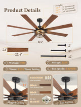 Glowivia 65 Inch Ceiling Fans with Lights, Farmhouse Ceiling Fan with Lights and Remote, Dual Finish 8 Blades Black Caged Rustic Ceiling Fans with 6 Speed Reversible Motor for Indoor/Covered Outdoor Glowivia