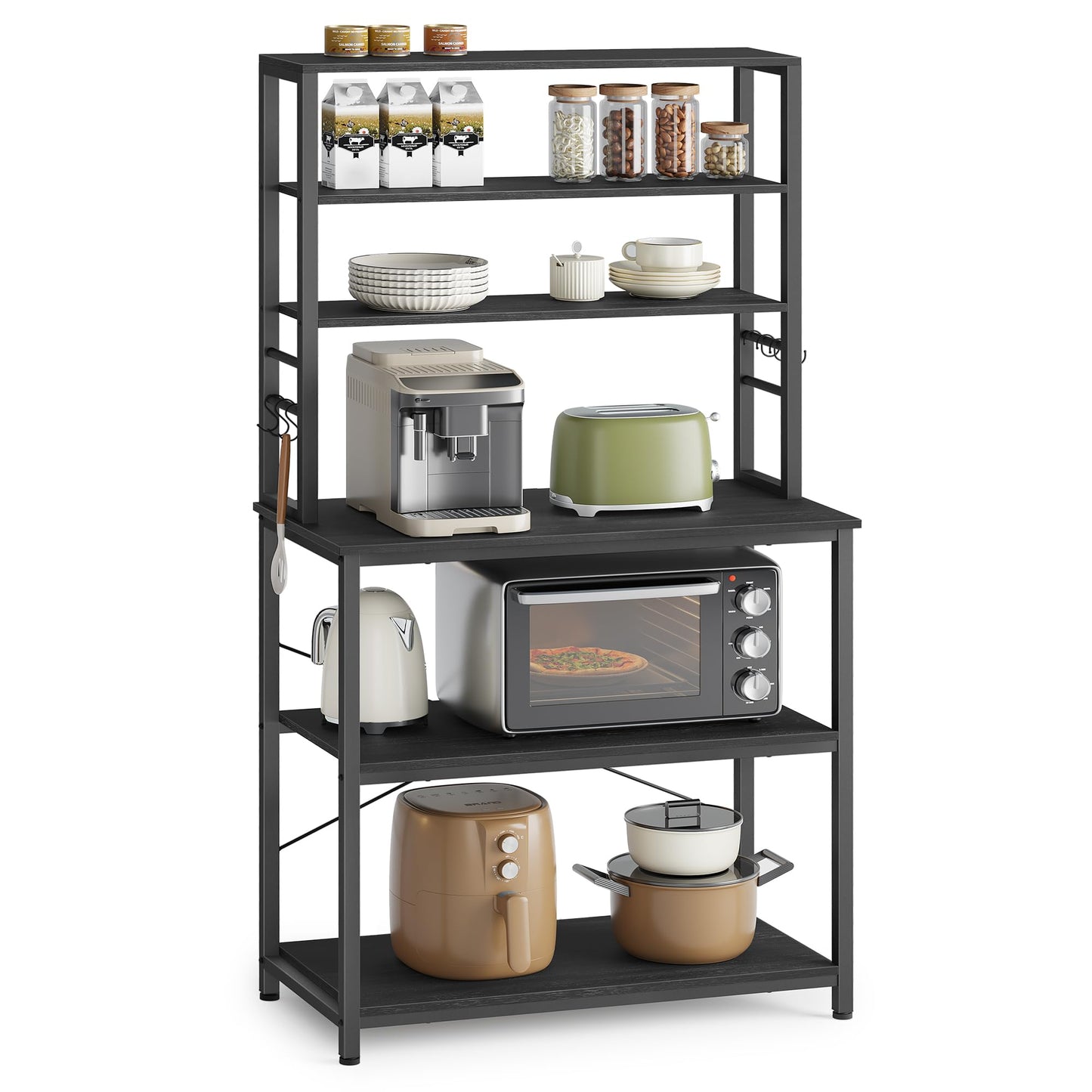 VASAGLE Coffee Bar, 31.5 Inches Baker's Rack for Kitchen with Storage, 6-Tier Kitchen Shelves with 6 Hooks, Microwave Stand, Industrial, Charcoal Gray and Black UKKS019B22