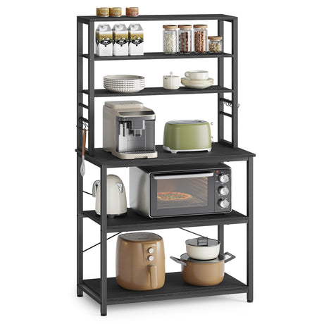VASAGLE Coffee Bar, 31.5 Inches Baker's Rack for Kitchen with Storage, 6-Tier Kitchen Shelves with 6 Hooks, Microwave Stand, Industrial, Charcoal Gray and Black UKKS019B22 VASAGLE