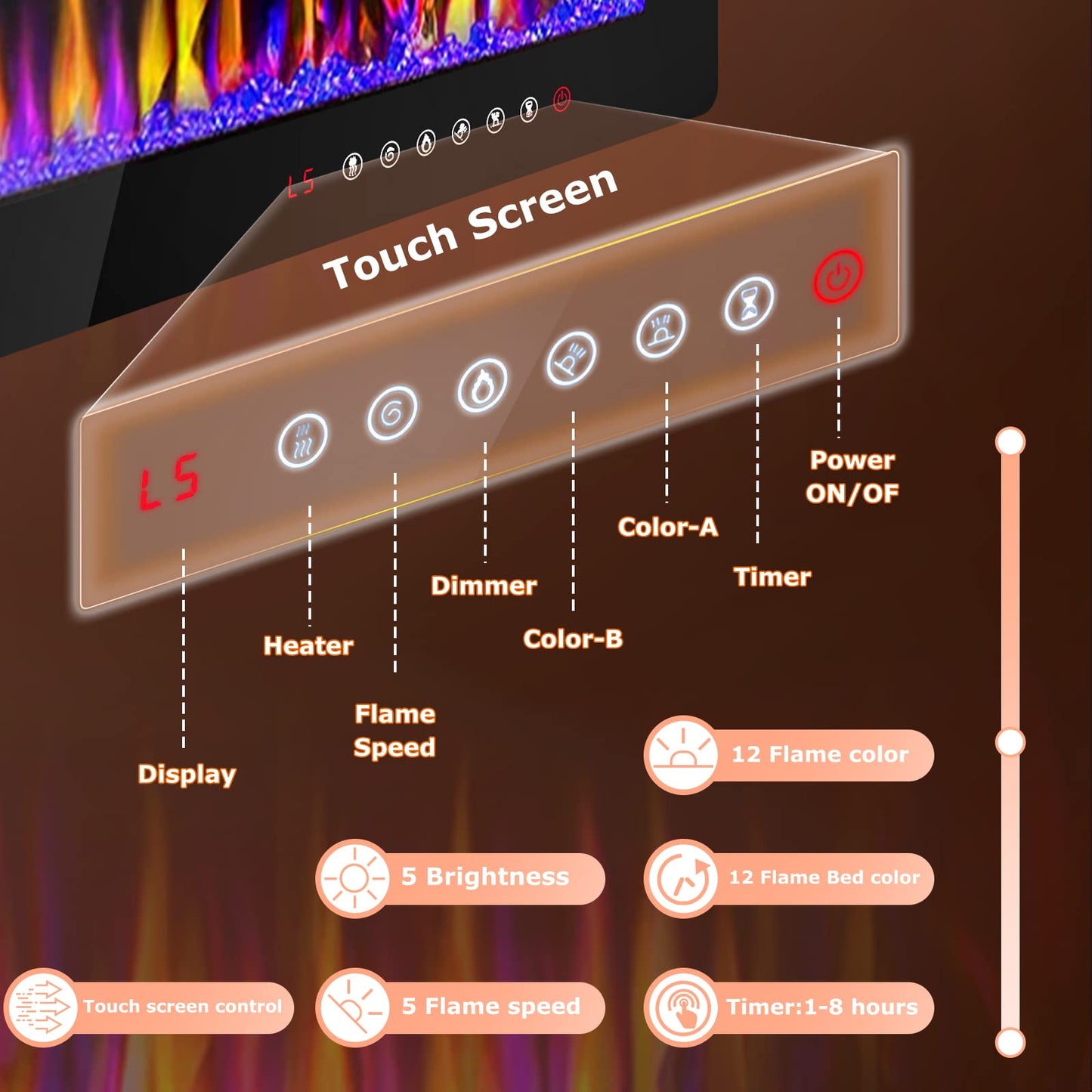 LEMBERI 50 inch Electric Fireplace Recessed and Wall Mounted,750/1500W Heater and Linear Fireplace with Touch Screen Control Panel, Timer,Remote Control,Adjustable Flame Color and Speed