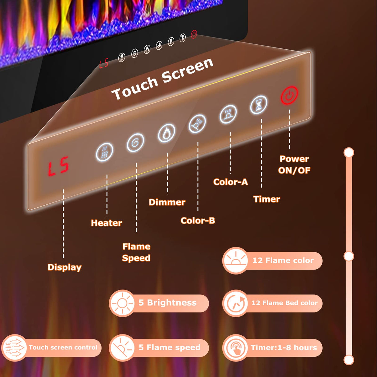 LEMBERI 72 inch Electric Fireplace Recessed and Wall Mounted,750/1500W Fireplace Heater and Linear Fireplace with Touch Screen Control Panel, Timer,Remote Control,Adjustable Flame Color and Speed LEMBERI