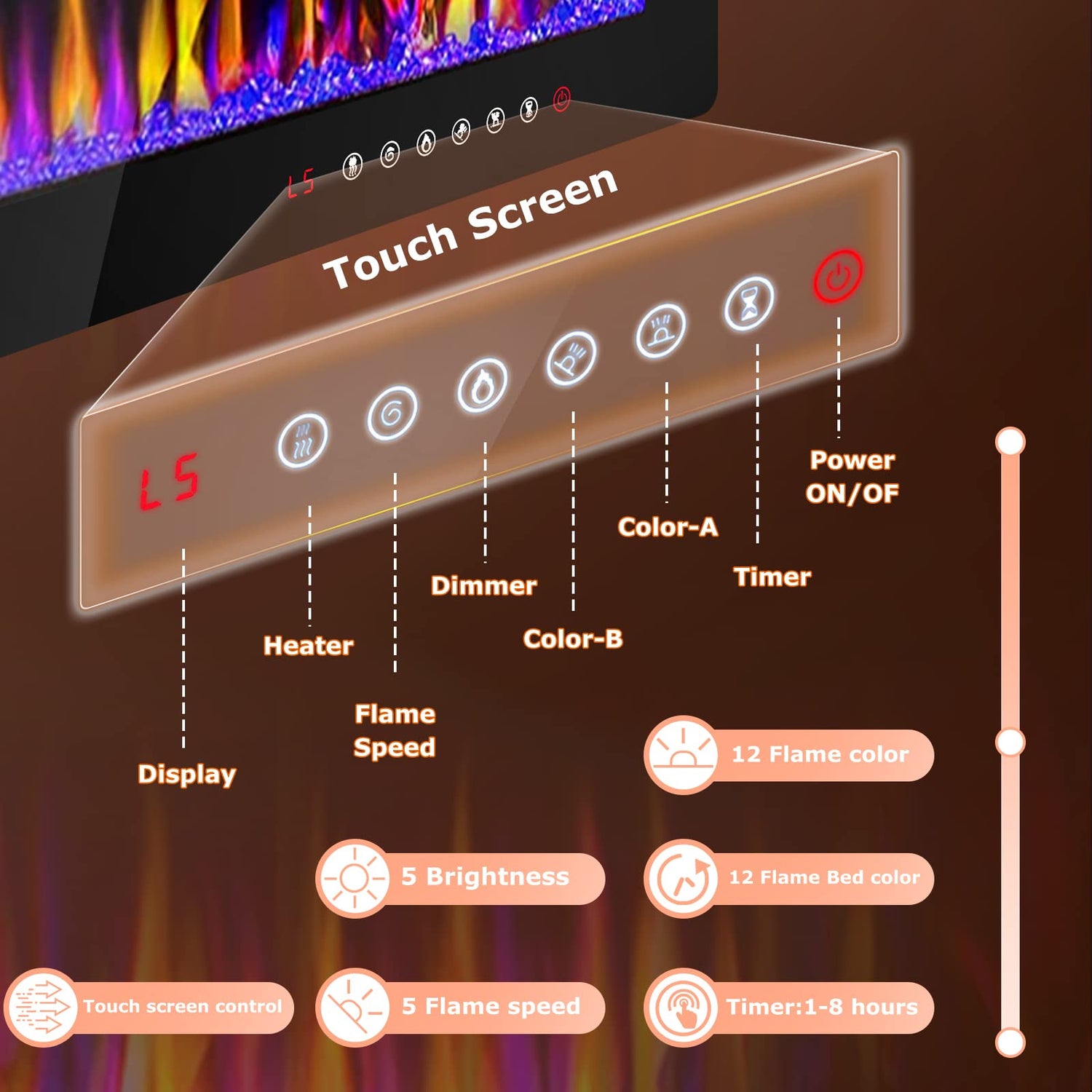 LEMBERI 60 inch Electric Fireplace Recessed and Wall Mounted,750/1500W Fireplace Heater and Linear Fireplace with Touch Screen Control Panel, Timer,Remote Control,Adjustable Flame Color and Speed LEMBERI