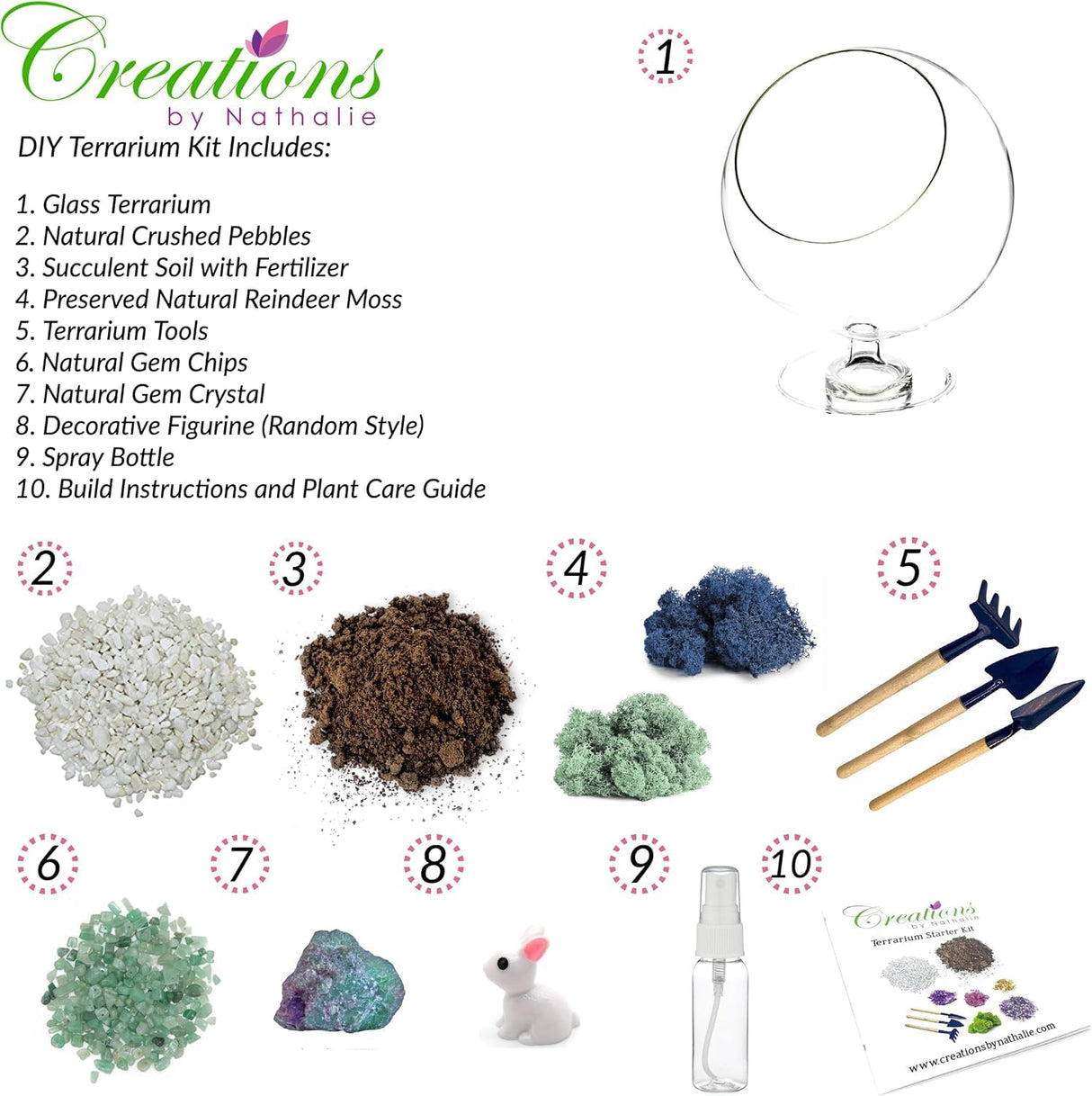 Creations by Nathalie - DIY Glass Plant Terrarium Kit for Adults, Metal Stand, Reindeer Moss, Crystals, Rocks, Tools & Figurine – Complete Starter Set Creations by Nathalie