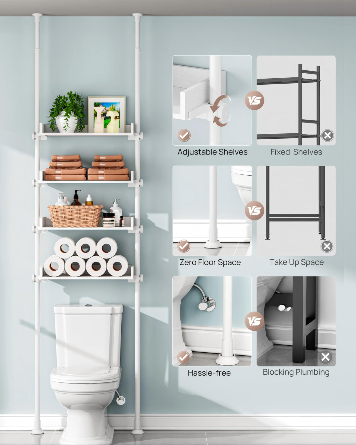 ALLZONE 4 Tier Over The Toilet Storage, Adjustable Wood Over Toilet Bathroom Organizer, Freestanding Shelves, Fit Most Showers Over The Toilet Shelf, 92 to 116 Inch Tall, White ALLZONE