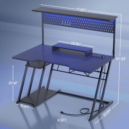 Gaming Computer Desk with Power Outlets, Gaming Desk with Hutch and LED Lights, Reversible PC Gaming Desk with Pegboard, Carbon Fiber Black, 47" - WoodArtSupply