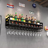 Pengfei LED Wine Rack Wall Mounted, Industrial Metal Wall Wine Shelf & Glass Holder, Large Floating Shelves Wine Bottle Storage Display Rack for Home Bar Dining Room Decor, Black Pengfei