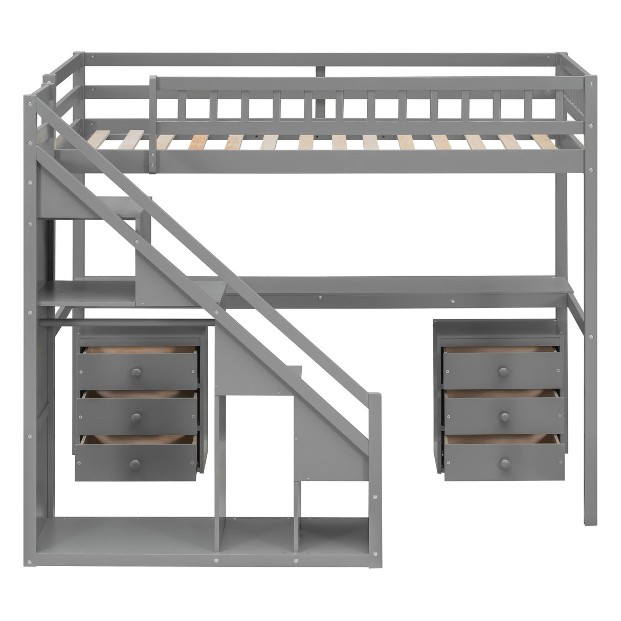 Merax Twin Size Wood Loft Bed with Desk, Stairs & Storage, Space Saving Bed with Lights, 2 Drawers, Guardrails, 220LBS Capacity, Gray Merax