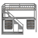 Merax Twin Size Wood Loft Bed with Desk, Stairs & Storage, Space Saving Bed with Lights, 2 Drawers, Guardrails, 220LBS Capacity, Gray Merax