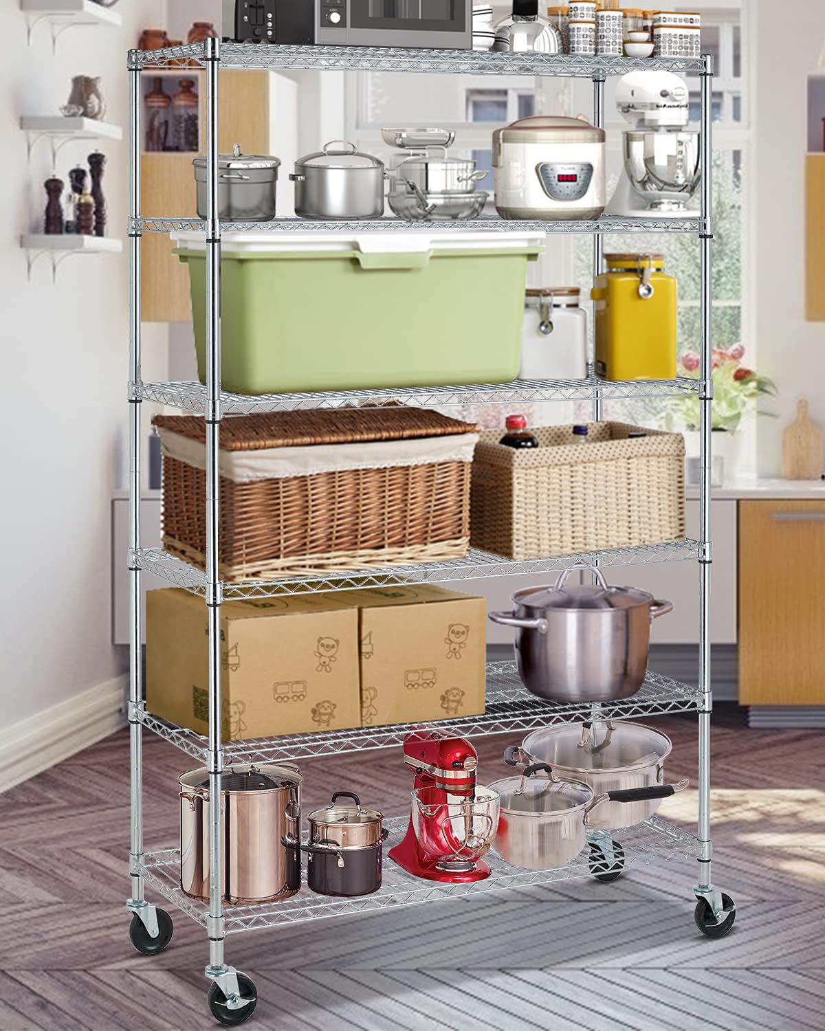Storage Shelves Wire Shelving Unit Garage Shelving with Wheels Heavy Duty NSF Height Adjustable Steel Commercial Grade Metal Shelving with Castors, 6000 Weight Capacity, for Kitchen Basement Pantry Dkeli