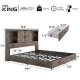 HOWE King Size Wood Platform Bed Frame with 51.2" Bookcase Headboard, Storage Bed with Sliding Barn Door Charging Station 2 Drawers, No Box Spring Needed/Farmhouse/Brown HOWE