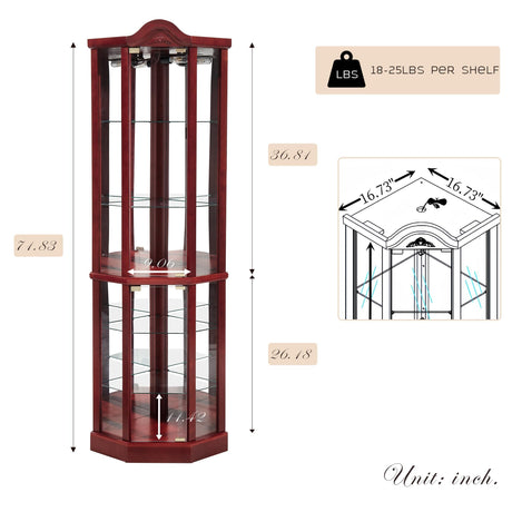 Eyisean Lighted Corner Curio Cabinet with Tempered Glass Doors and Shelves, 72" H Glass Display Cabinet with Curved Top Carving, Light Bulb Included, Rack for Liquor Storage and Living Room (Cherry) Eyisean
